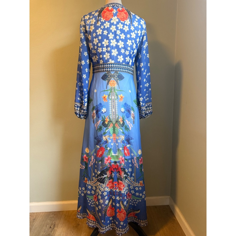 Boho Blue Floral Maxi Dress Long Sleeve whimsi romantic flowy silk Medium pink - Picture 5 of 7